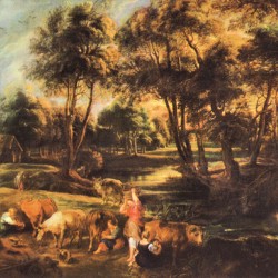 Landscape with cows and duck hunters